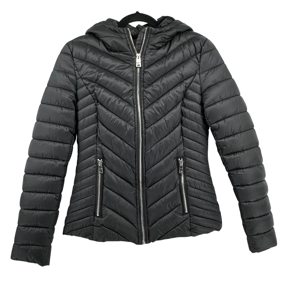 LA Coalition Womens Black Faux Fur Lined Hooded Puffer Jacket Cozy Warm Size S